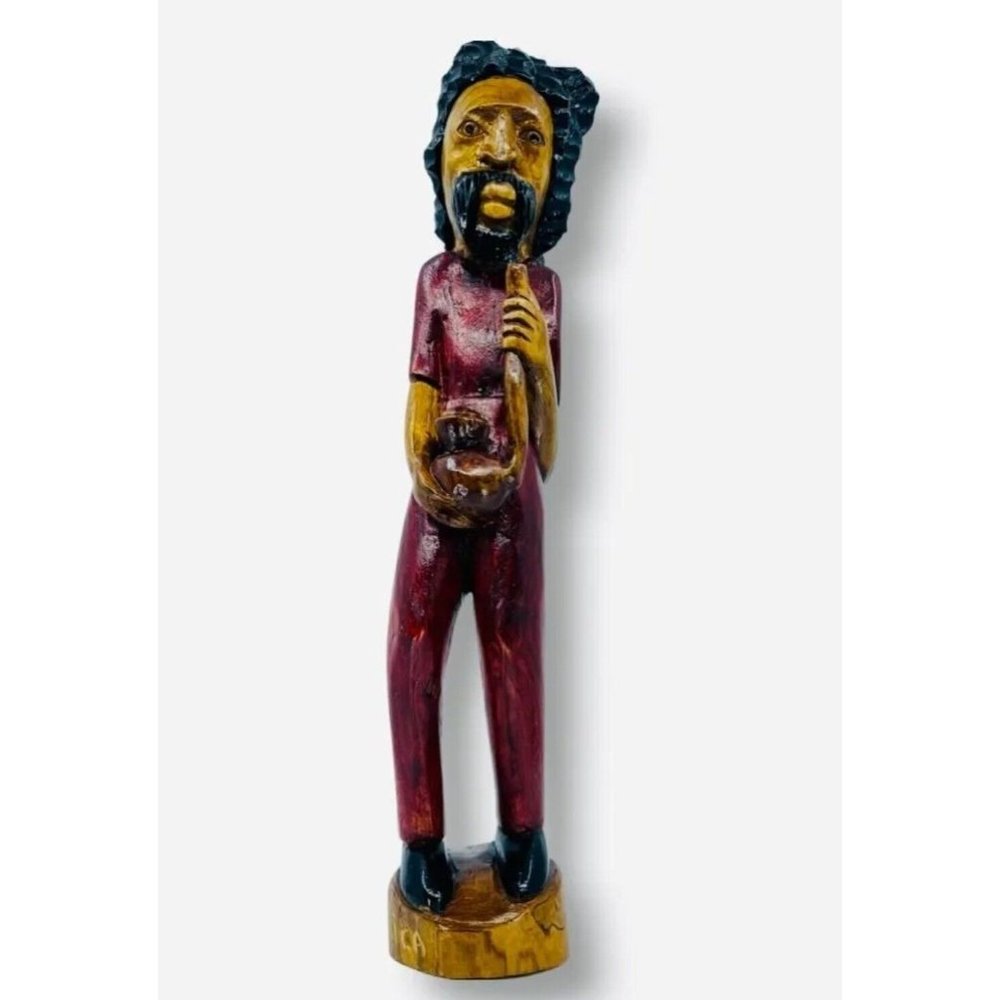 Vtg Hand Carved Wood Jamaican Sculpture Rasta Man Pipe Statue Figurine 19" OOAK
